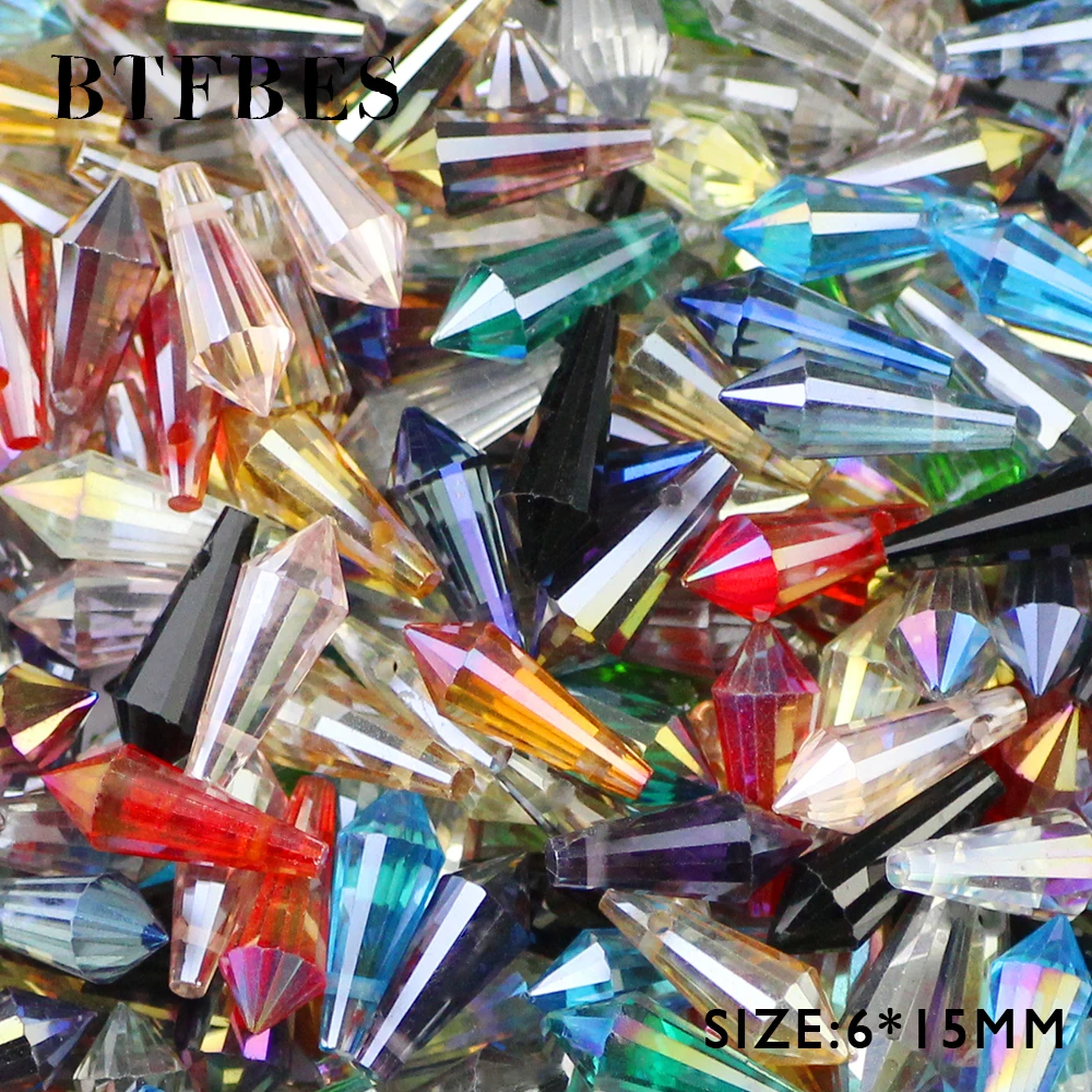 BTFBES Long Cone Waterdrop Pendant Austrian Crystal Beads 6*15mm 50pcs Spire Glass Loose Beads For Jewelry Making Bracelet DIY
