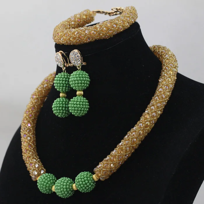 New Champagne Gold Crystal Choker Necklace Set Green Beaded African Jewellery Set Birthday Gift for Women Free ShippingABL805