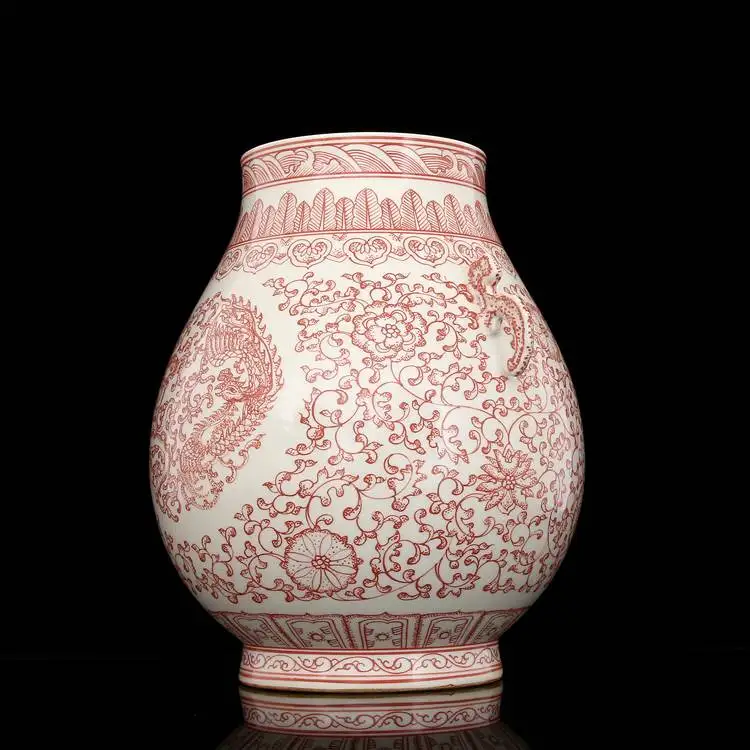 Ceramics Double Ears Ming Dynasty Handpainting Handmade Antique Vase With Underglaze Red Lotus Elegant and Beautiful Treasure