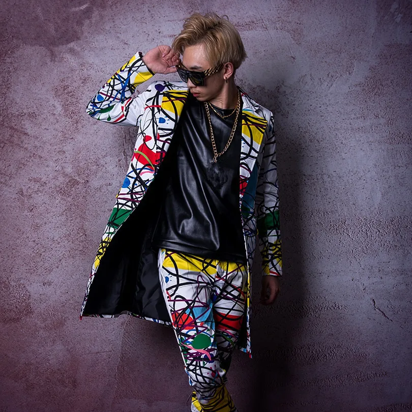 Nightclub Bar Suits Male Singer Model Catwalk Line Print Medium Long Blazers Pants Set Men Concert Stage Performance Costume