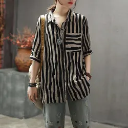 New Arrival Women Shirts Summer Vintage Striped Linen Blouse Turn-down Collar Female Loose Casual Ladies Tops D2