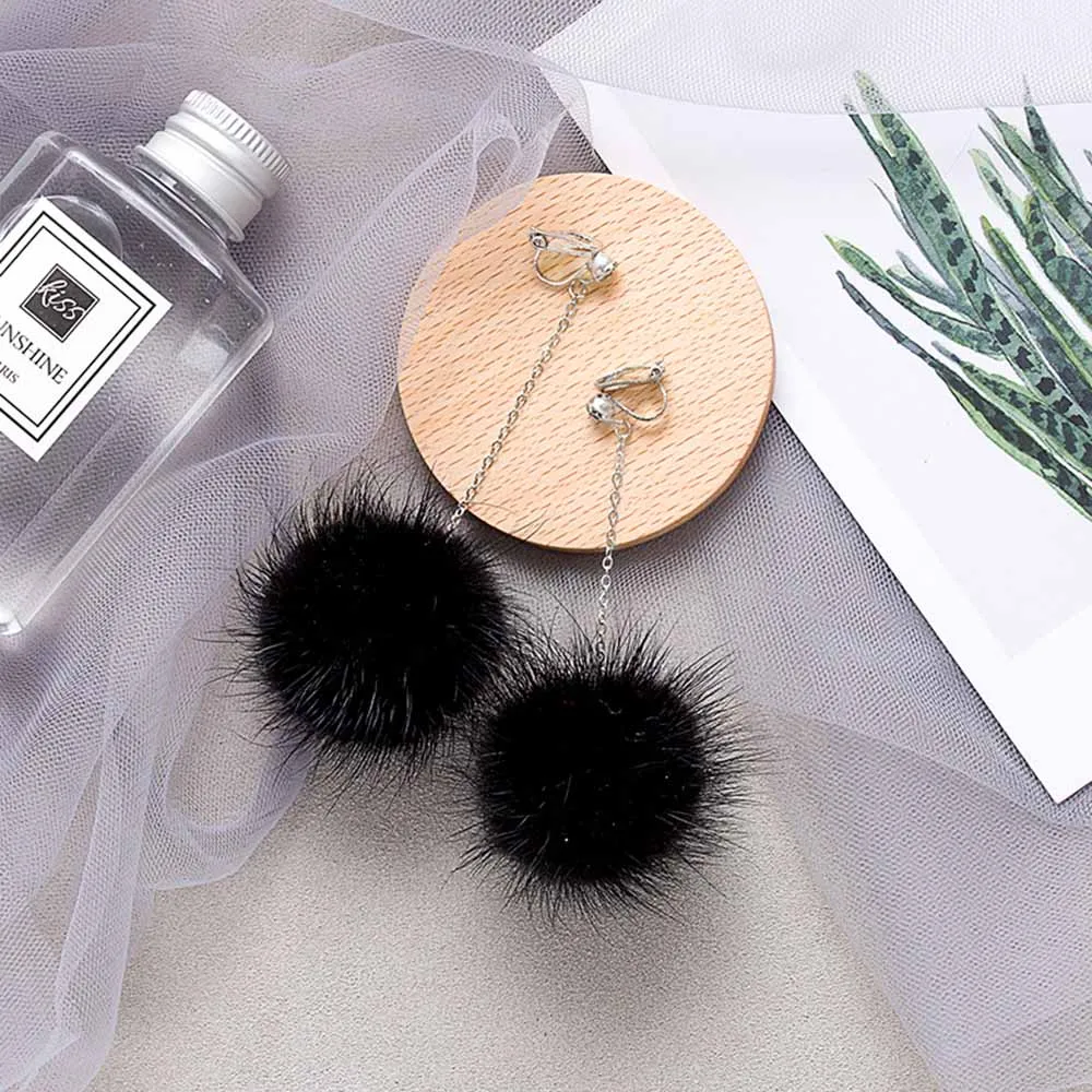 GRACRE JUN Rabbit Fur Ball PomPom Long wedding clip on earrings for Women Unique Soft  Ear Earring Jewelry Cute Christmas Gift