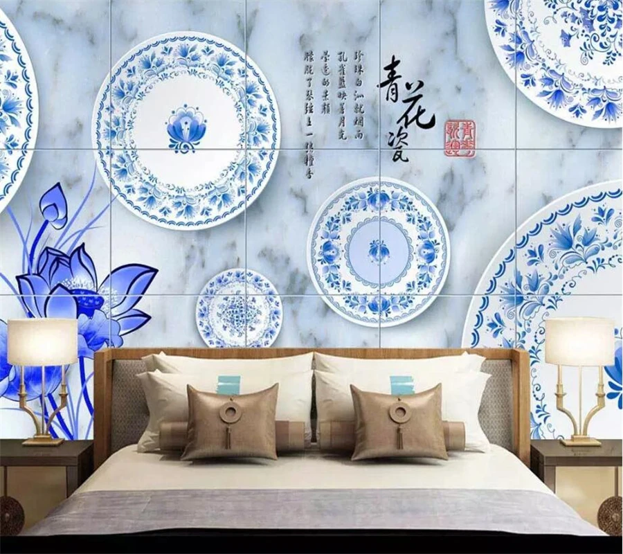 wellyu Custom wallpaper 3d mural blue and white porcelain ancient rhyme lotus fashion classic marble tiles background wall paper