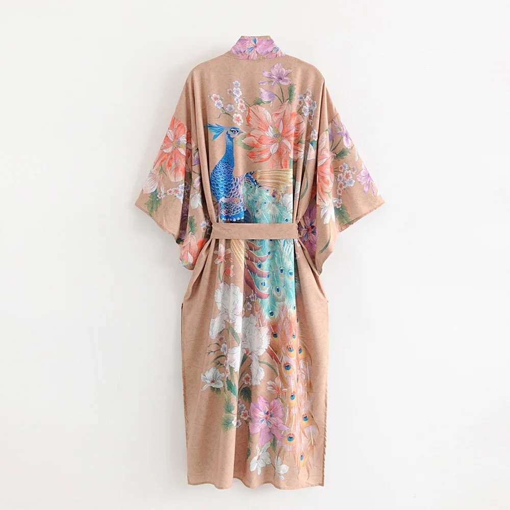 Bohemian V neck Peacock Flower Print Long Kimono Shirt Khaki Holiday New Lacing up Sashes Long Cardigan Loose Blouse Tops