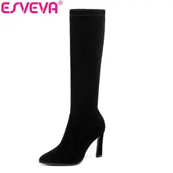 ESVEVA 2020 Knee High Boots Winter Warm Women Boots Platform Motorcycle Boots Square High Heel Stretch Fabric Shoes Size 34-43