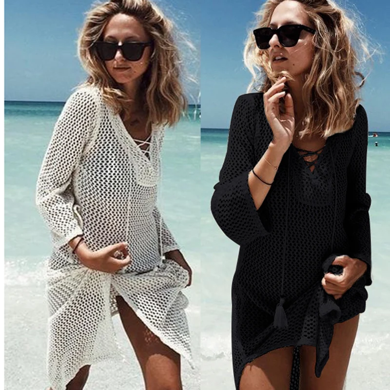 

New Beach Cover Up Bikini Crochet Knitted Tassel Tie Beachwear Summer Swimsuit Cover Up Sexy See-Through Beach Dress
