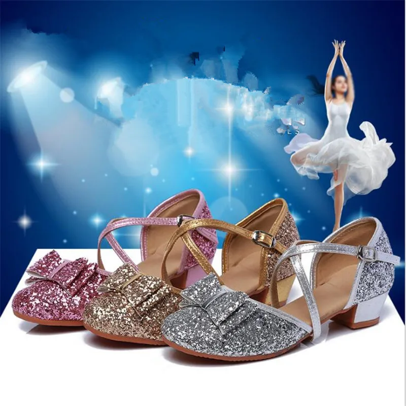 Size 24-40 Girls Shoes Latin Dance Shoes Girls/Ladies Silver Gold Glitters Closed Toes For Party Dancing Shoes Heeled 4cm Dance