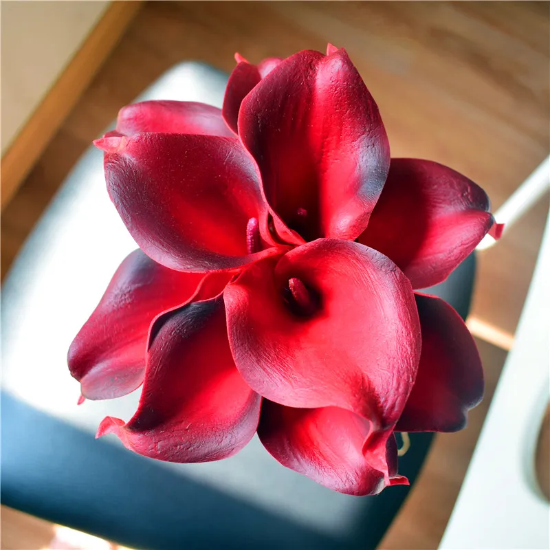 10 DK Red Picasso Calla Lilies Real Touch Flowers For Silk Wedding Bouquets, Centerpieces, Wedding Decorations