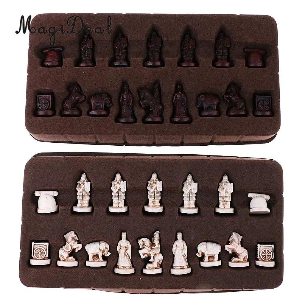 Exquisite Retro Chinese Chess Resin Terracotta Army Pieces XiangQi Board Game for Club Pub Party Travel Collectible Gift