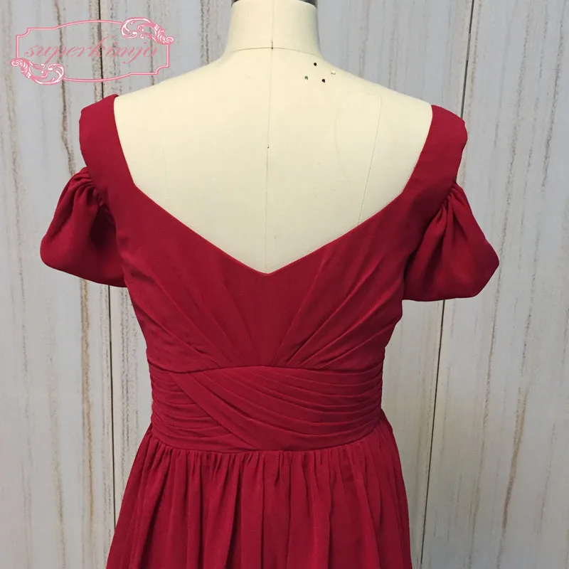 SuperKimJo dark red bridesmaid dresses off the shoulder pleats sweetheart neckline chiffon long pleats bridesmaid dress real