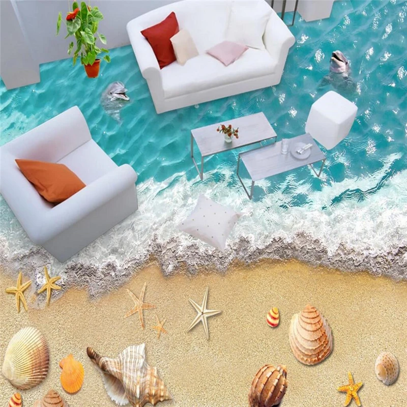 beibehang Dolphin beach shells Custom 3D Mural Wallpaper Bathroom 3D Floor Mural PVC Self-adhesive Vinyl Wall paper Home Decor