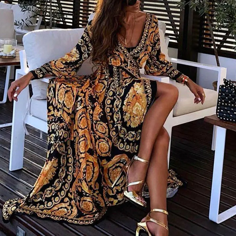 Womens Boho V-Neck Printed Sundress Long Maxi Dress for Summer Long Sleeve Vintage Dresses Cover-ups Home Robe Give Gifts