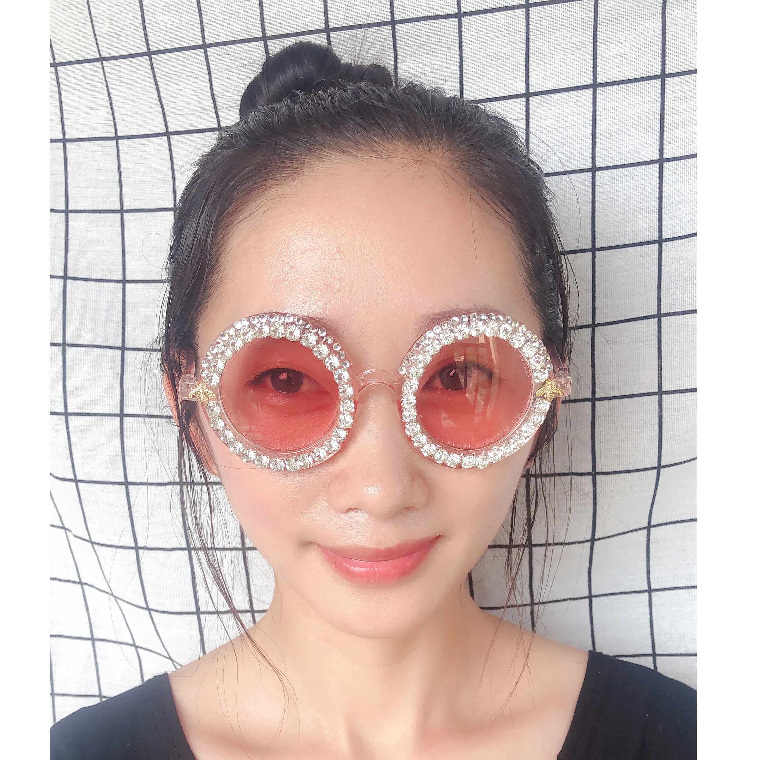 Handmade Sunglasses Luxury Pink Women Sun Glasses Diamond Eyewear Small Round Eyeglasses UV400 Crystal Sunglasses