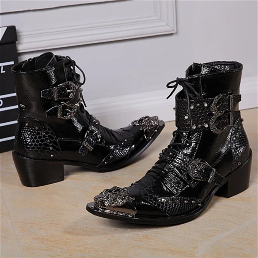 Batzuzhi-6CM Heels Black Men Boots Punk Style Handsome Boots Pointed Toe Iron Buckle Lace-up Motocycle Boots EU38-46