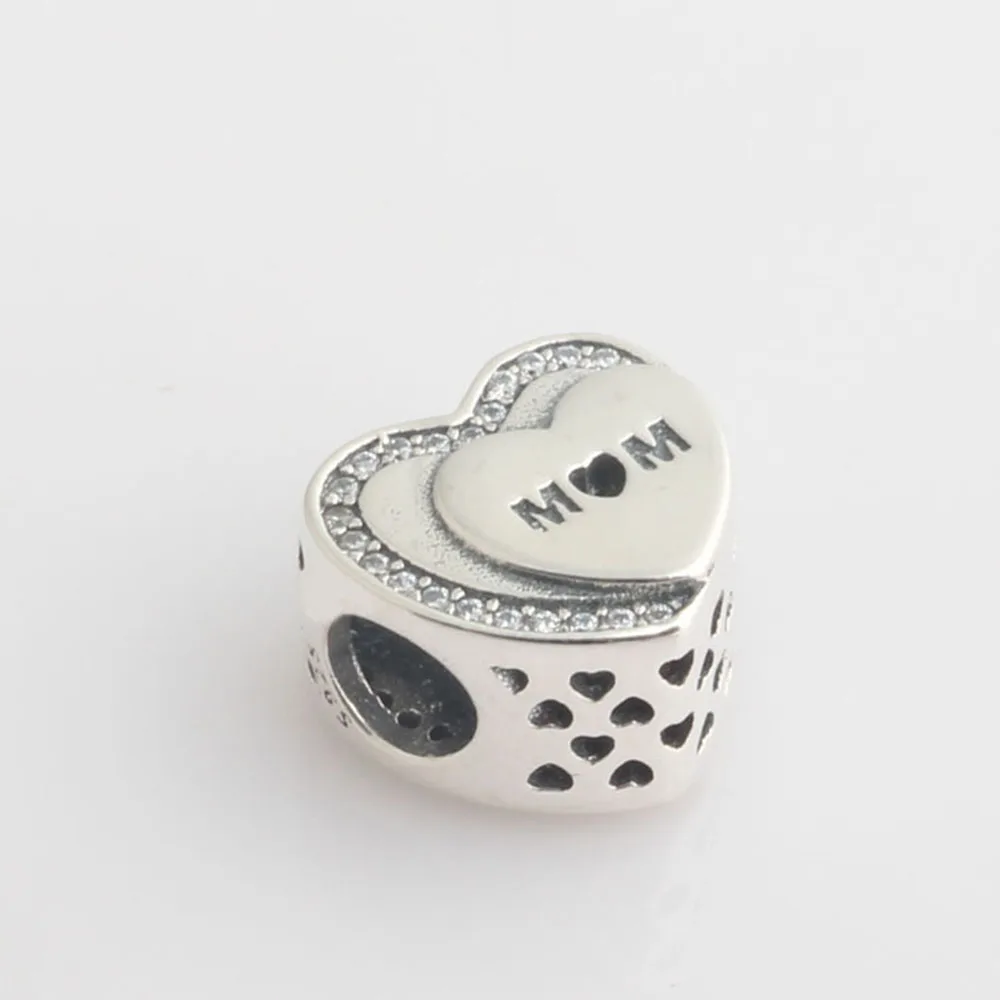 Authentic 925 Sterling Silver Beads Love MoM Heart Crystal Bead For Original Pandora Charm Bracelets & Bangles Jewelry