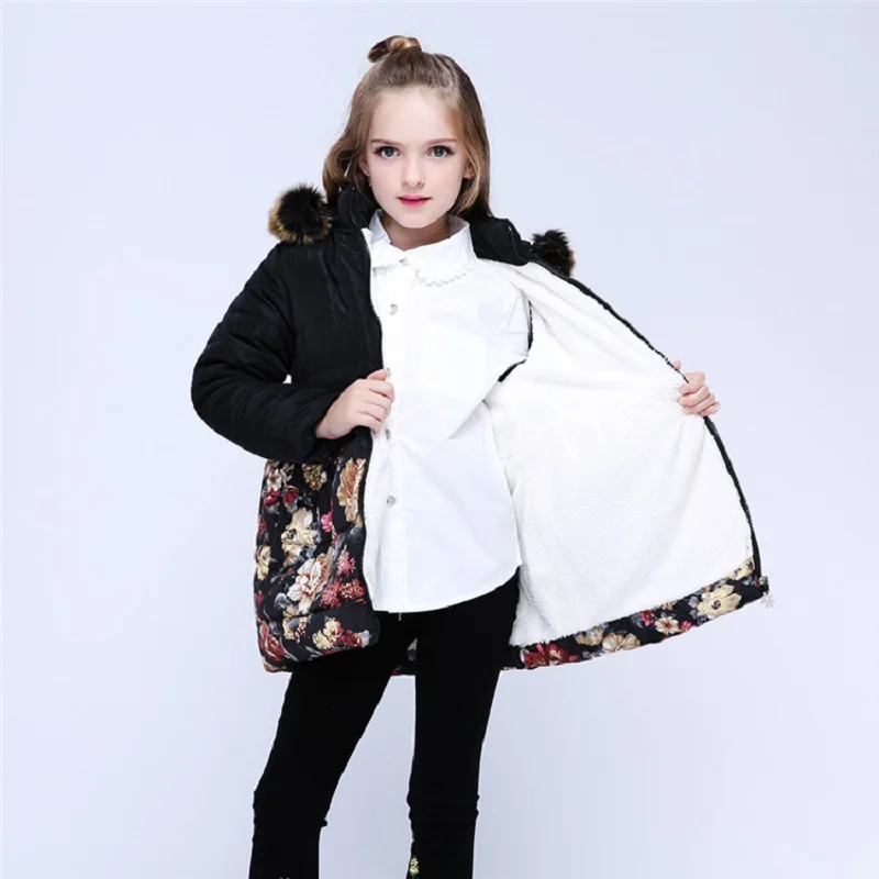 Floral Hooded Girls Down Jacket Fleece Children Outerwear Long Winter Warmer Clothes Thick Girl Coats Outfits Fashion Overcoat