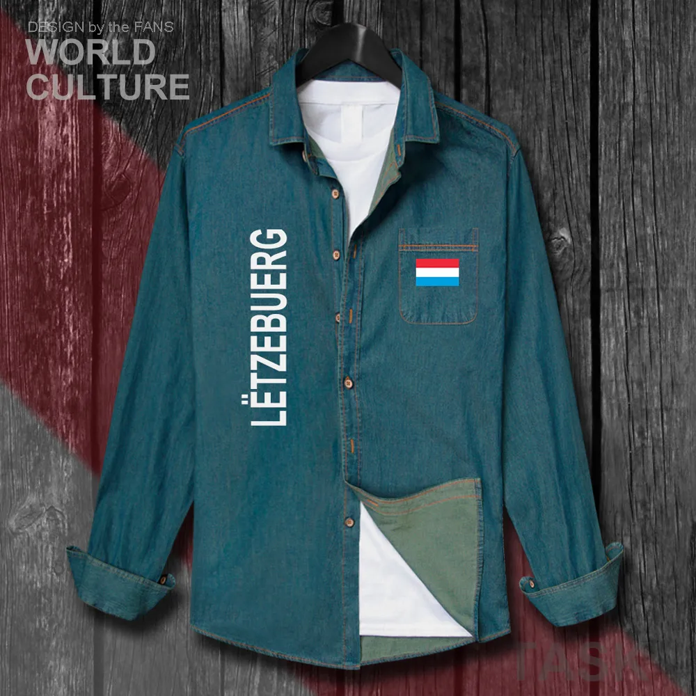 Luxemburg Luxembourger LUX Luxemburg Männer Kleidung Frühling Herbst Baumwolle Flagge Top drehen-unten Jeans Hemd Langarm Cowboy Mantel