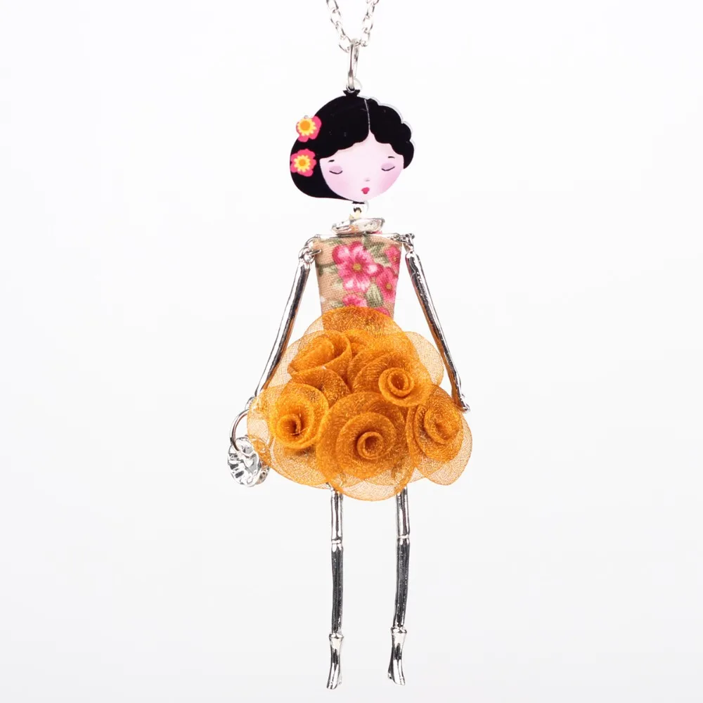 Bonsny French Paris Doll Necklace Dress Flower Long Chain Alloy Doll Pendant Fashion Jewelry For Women 2017 News Accessories