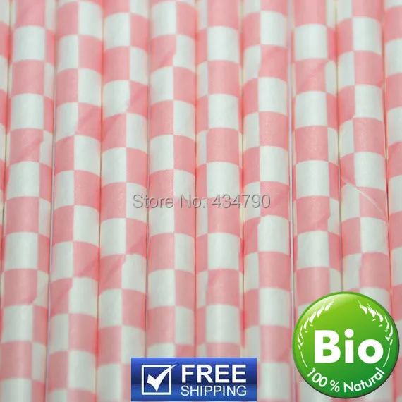 

200 Pcs Baby Pink Checker Paper Drinking Straws,Bridal Baby Shower Girl Cake Pop Sticks,Checkered Party Supplies Decorations