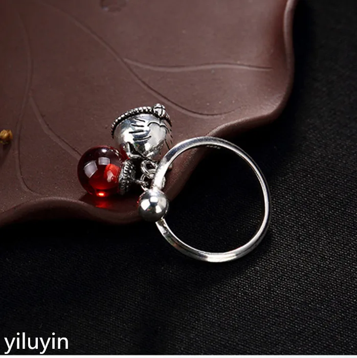 

KJJEAXCMY Boutique Jewelry S925 Pure, Retro Thai Silver, Fortune Cat, Pomegranate, Red Bead, Lady's Ring.