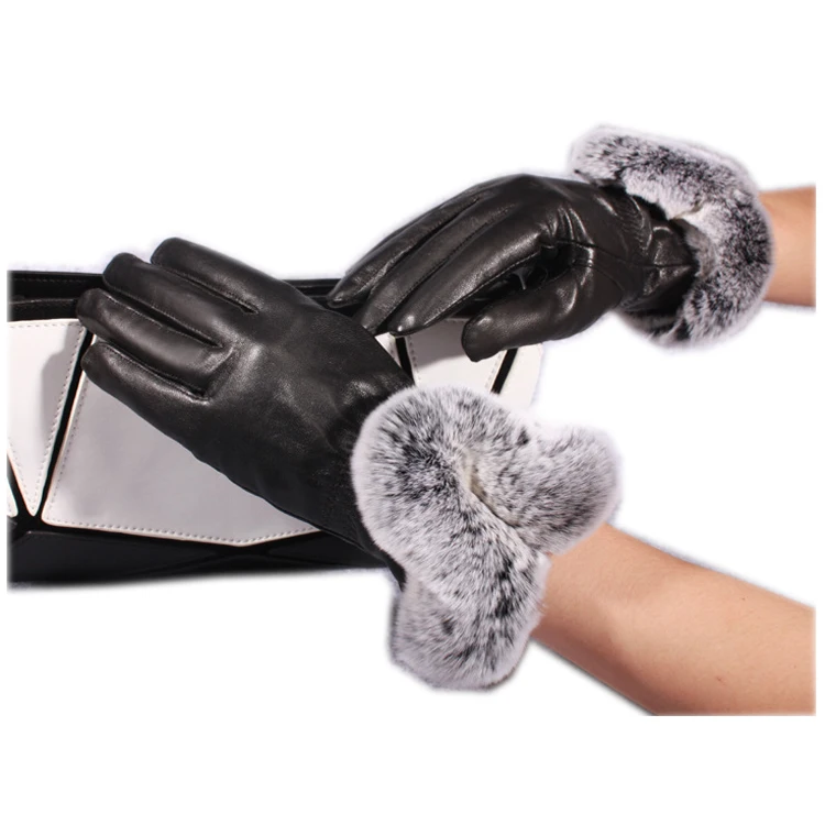 

Genuine sheep Leather Gloves real rabbit fur lady Winter Fashion women warm real lamb skin high quality Velvet Windproof