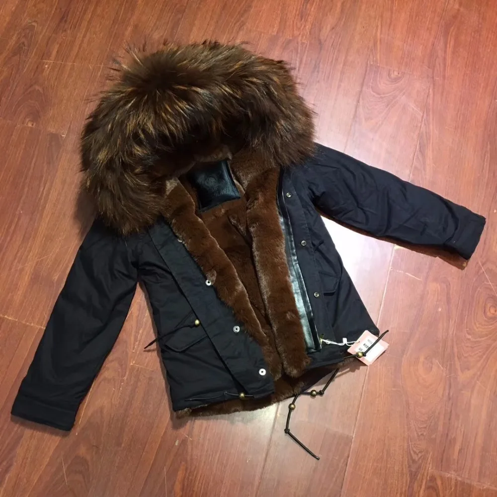 

Black Cotton Short Parka For Boys Coffee Brown Faux Fur Lined Overcoat Big Fur Collar Trimming Kids Jacket