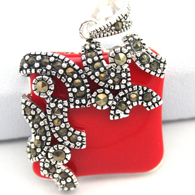 wholesale good S STERLING  & MARCASITE INLAY NATURAL RED CORAL PENDANT 20*20mm