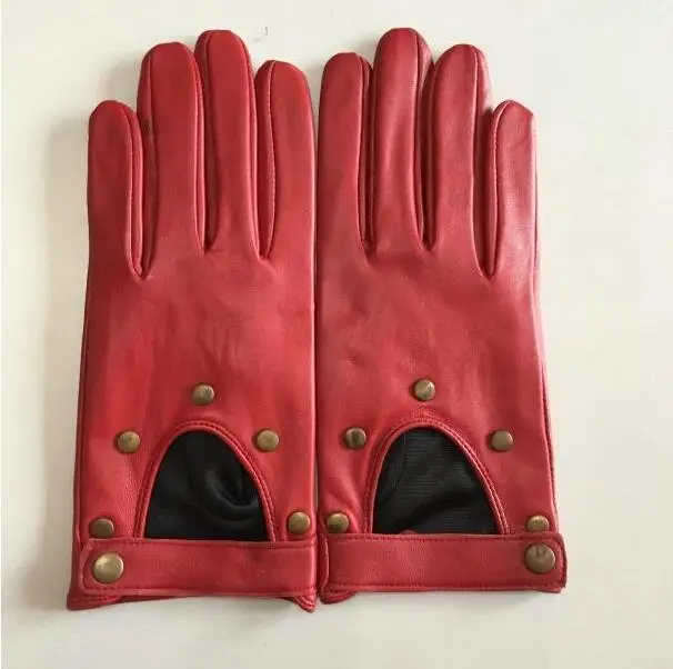 Women\'s Natural Leather Rivet Punk Style Gloves Female Genuine Leather Hollow Out Red Green Motorcycle Driving Gloves R749