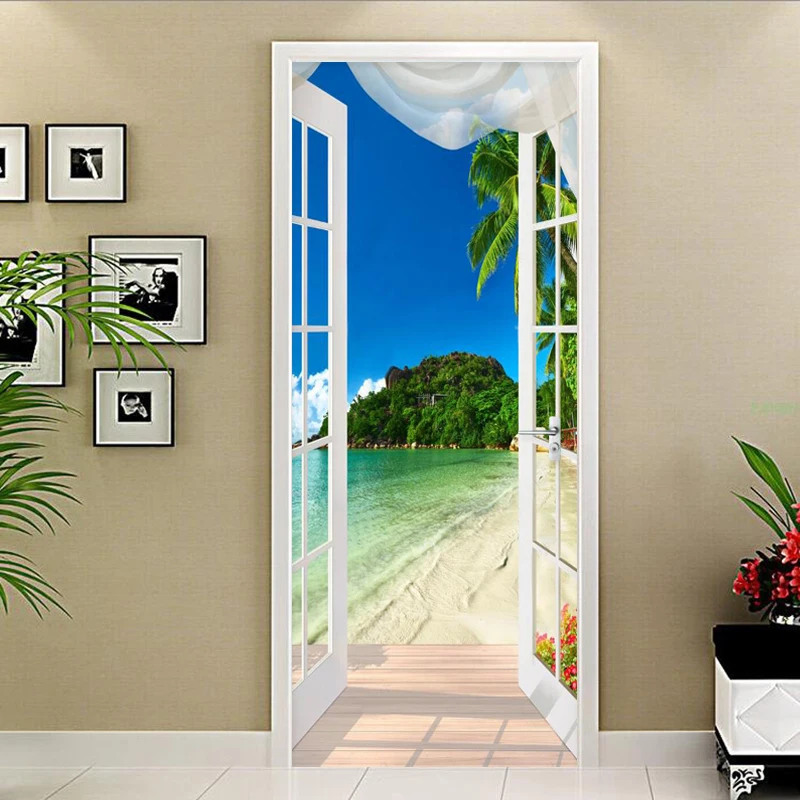 PVC Self-Adhesive Waterproof Door Sticker 3D Seaside Landscape Mural Photo Wallpaper Living Room Creative DIY Decor Stickers 3 D