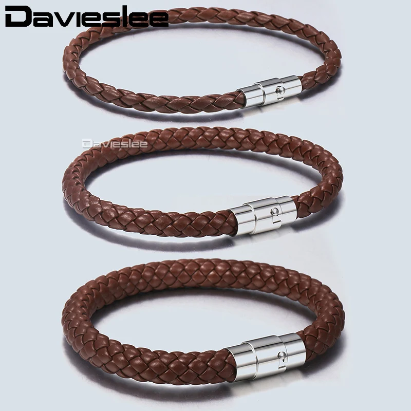 Davieslee Bracelets for Men Black Brown Braided Cord Rope Stainless Steel Clasp Man-made Leather Mens Bracelet 4/6/8mm LLBM118A