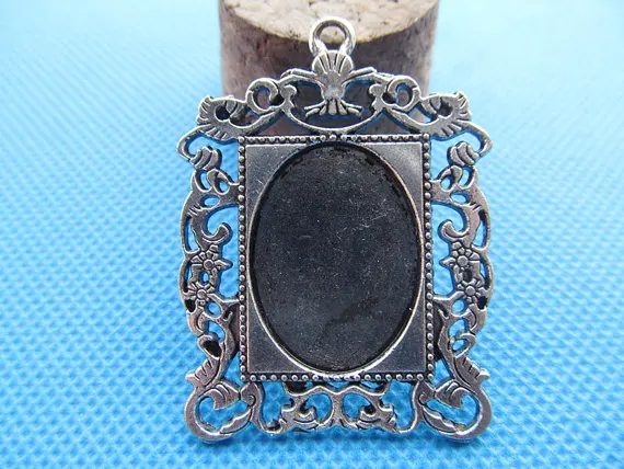 50pcs Antique Silver/Antique Bronze Rectangle Cameo Setting Tray Bezel Pendant Charm/Finding,fit 18mmx25mm Oval Cabochon/Cameo