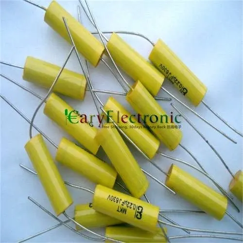 

Wholesale 100pcs long leads yellow Axial Polyester Film Capacitors electronics 0.22uF 630V fr tube amp audio free shipping