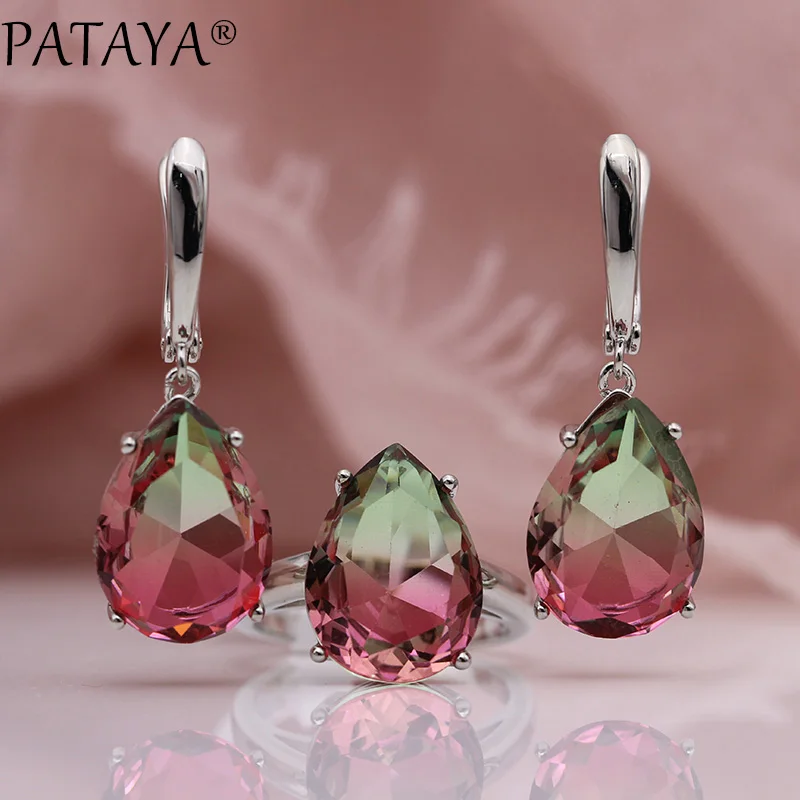 PATAYA New True White Gold Water Drop Tourmaline Color Natural Zircon Long Dangle Earrings Rings Sets Women Wedding Jewelry Set