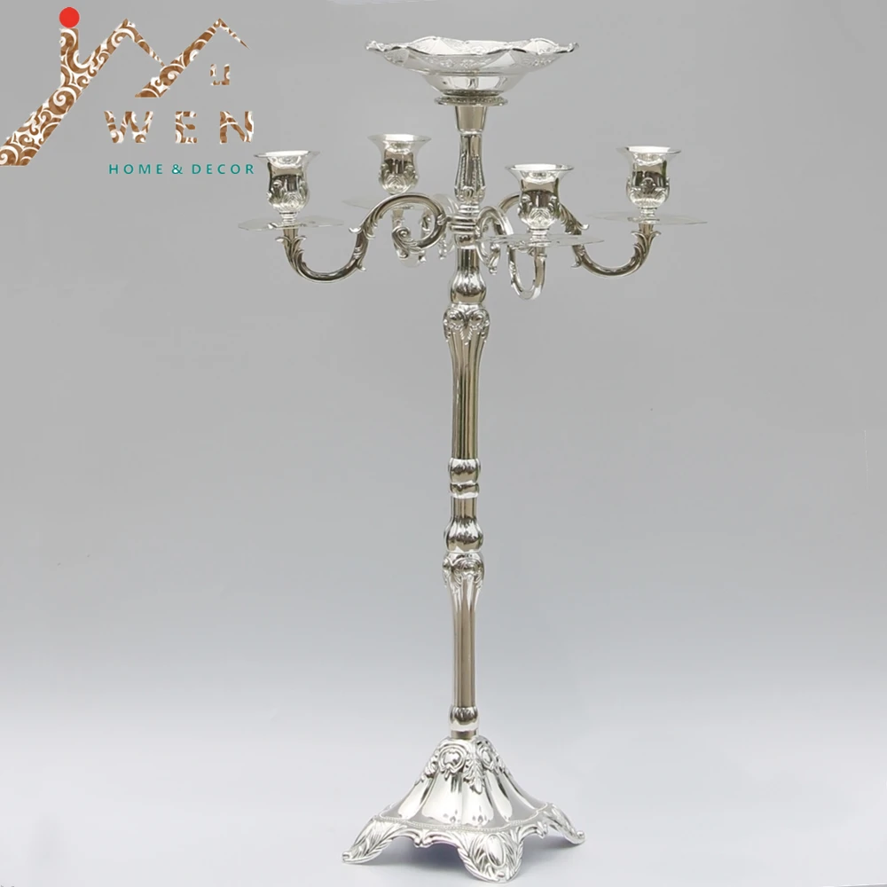 Wholesle Silver finish candelabrum 63cm height 5-arms candelabra with flower bowl/tray in the center for weddings or events