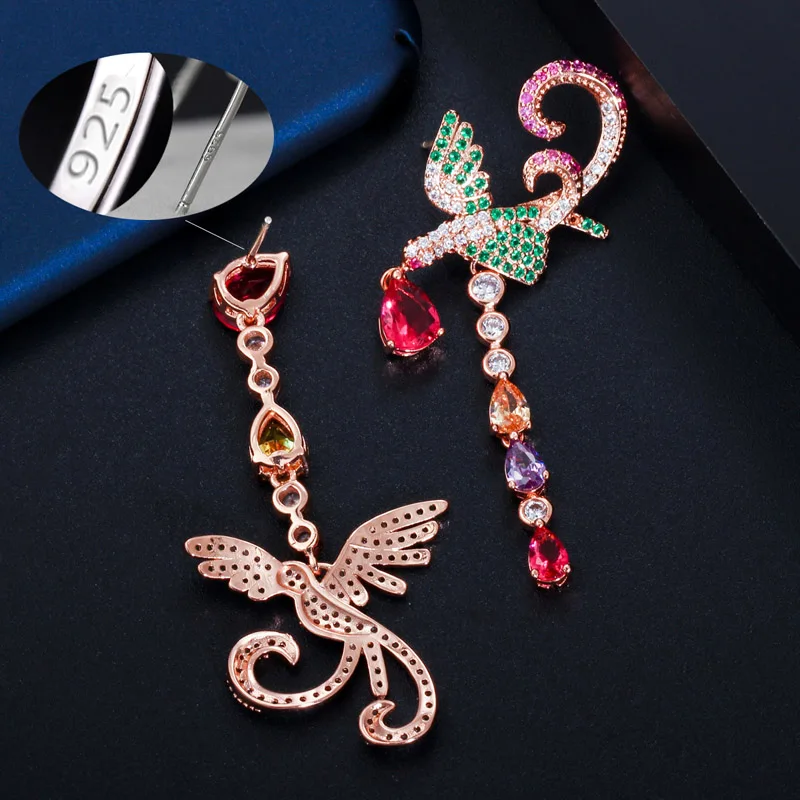 CWWZircons Unique Multi Red Green Cubic Zirconia Rose Gold Plated Long Phoenix Drop Dangle Earring for Women Wedding Party CZ086