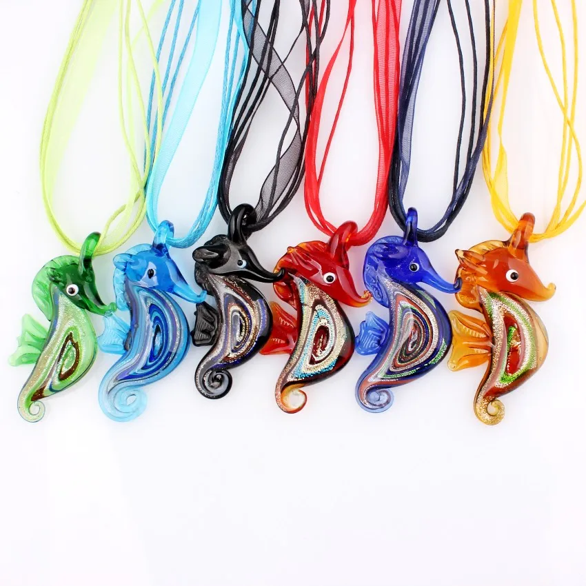 Wholesale 6pcs Handmade Murano Lampwork Glass Mix Color Seahorse Pendant Necklace Hot Thanksgiving Gift necl0004