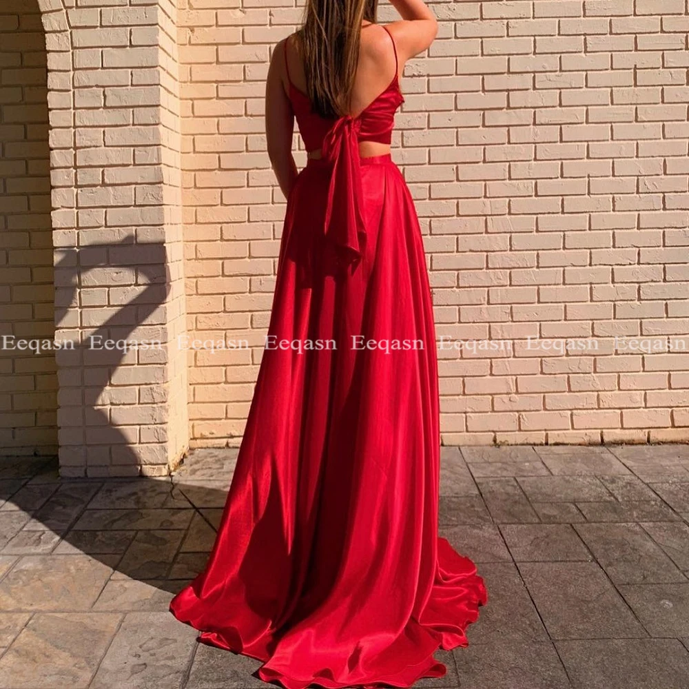 Vestido De Festa Red Two Pieces Long Prom Dress V Neck Leg Split Formal Evening Dresses Satin Backless Women Customized Gala