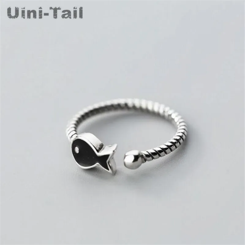 Uini-Tail hot new 925 Tibetan silver explosion models creative cute black fish open ring Korean fashion tide flow jewelry JZ080