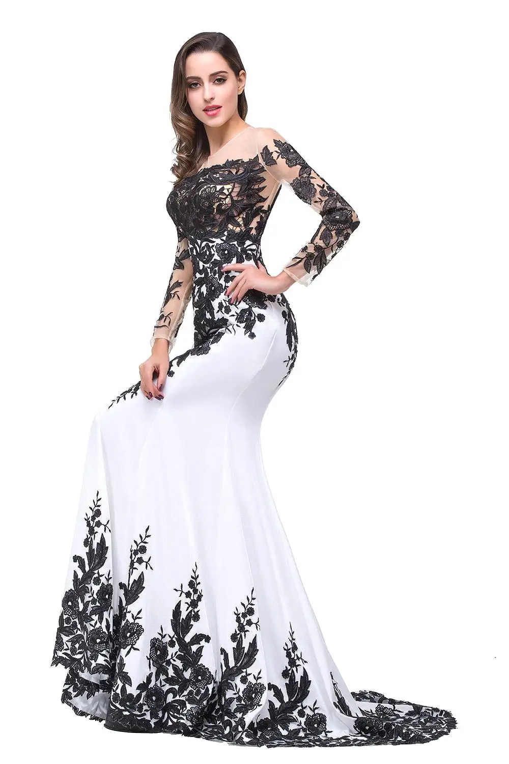 FATAPAESE Robe De Soiree  Long Sleeve Evening Dress 2021 Sexy Cap Sleeve Black Lace Mermaid Prom Dresses Vestido de Festa