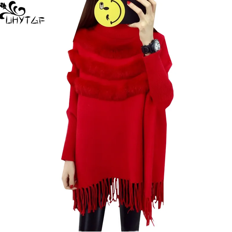

UHYTGF Women Autumn Sweater Jacket 2023 Korean Pullover Cloak Female Turtleneck Winter Tops Fashion Tassel Loose Ladies Coat 270