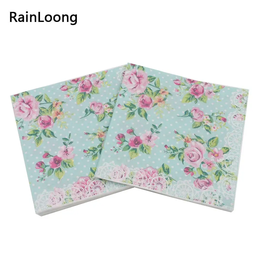 [RainLoong] Beverage Paper Napkins Rose Green Event & Party Tissue Napkins Decoration Serviettes 33cm*33cm 1 pack (20pcs/pack)