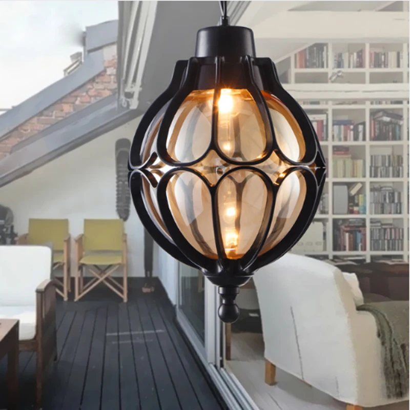 Waterproof Outdoor Garden LED Light Amber Glass Bronze Vintage Pendant Lamp Balcony Simple Hallway Entrance E27 Hanging Fixture