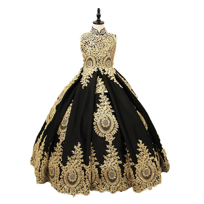 Vestido rosa de flores preto com gola alta, vestido dourado de renda, apliques para baile, roupa de gala, enfeite de casamento