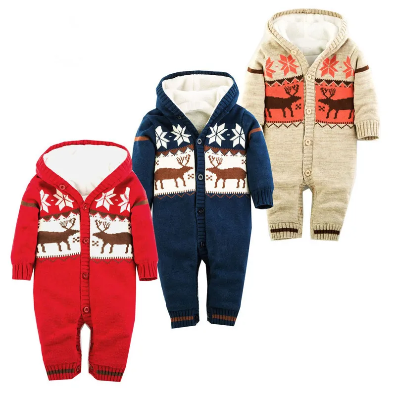 2022 Baby Rompers Winter Thick Climbing Clothes Newborn Boys Girls Warm Romper Knitted Sweater Christmas Deer Hooded Outwear