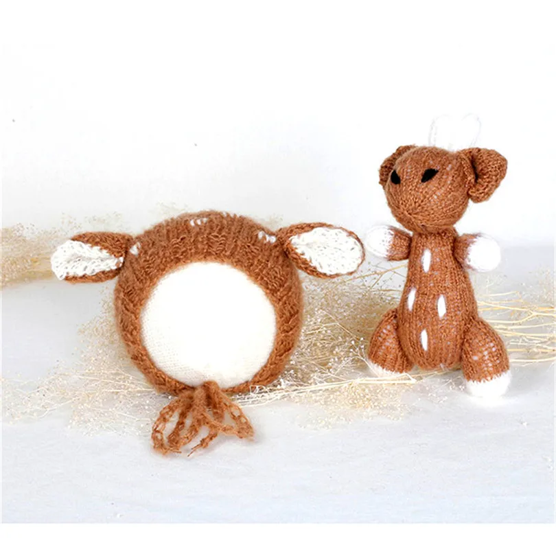 

Mohair baby deer hat Newborn Reindeer bonnet with toy set Handmade knitted baby deer bonnet matching toy photography props