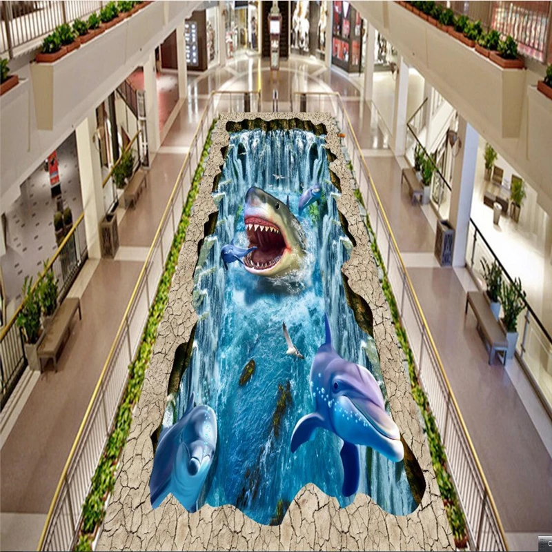 beibehang High quality custom wallpaper floor shark dolphin waterfall 3D three-dimensional painting PVC self-adhesive wallpaper