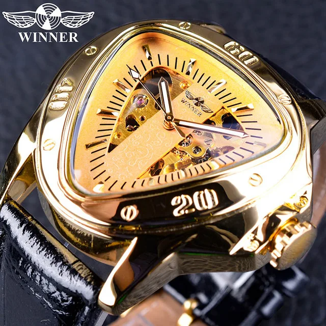 Winner Brand Hollow Automatic Mechanical Men Watch Racing Sports Design Triangle Dial Skeleton Wristwatch Luxury Golden Black