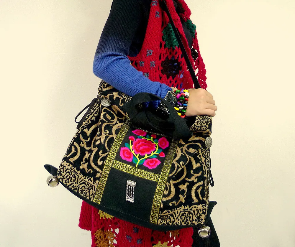 HOT Embroidery Ethnic bags for women Black Canvas bag Vintage fashion Cross bag Classic tote bags