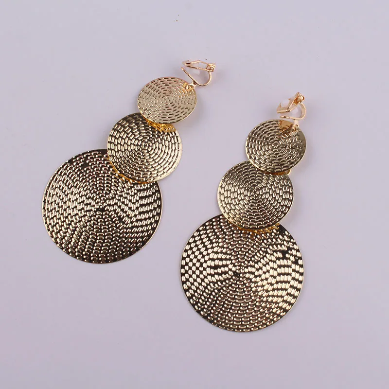 3 Colour Fashion Big Clip On Earrings Double Round Circle Pendant Long no pierced Earrings For Women Statement Jewelry