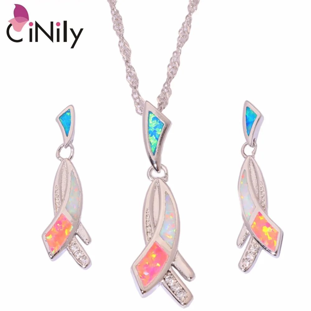 

CiNily Created Blue Pink White Fire Opal Cubic Zirconia Silver Plated Wholesale Women Jewelry Pendant Earrings Jewelry Set OT130